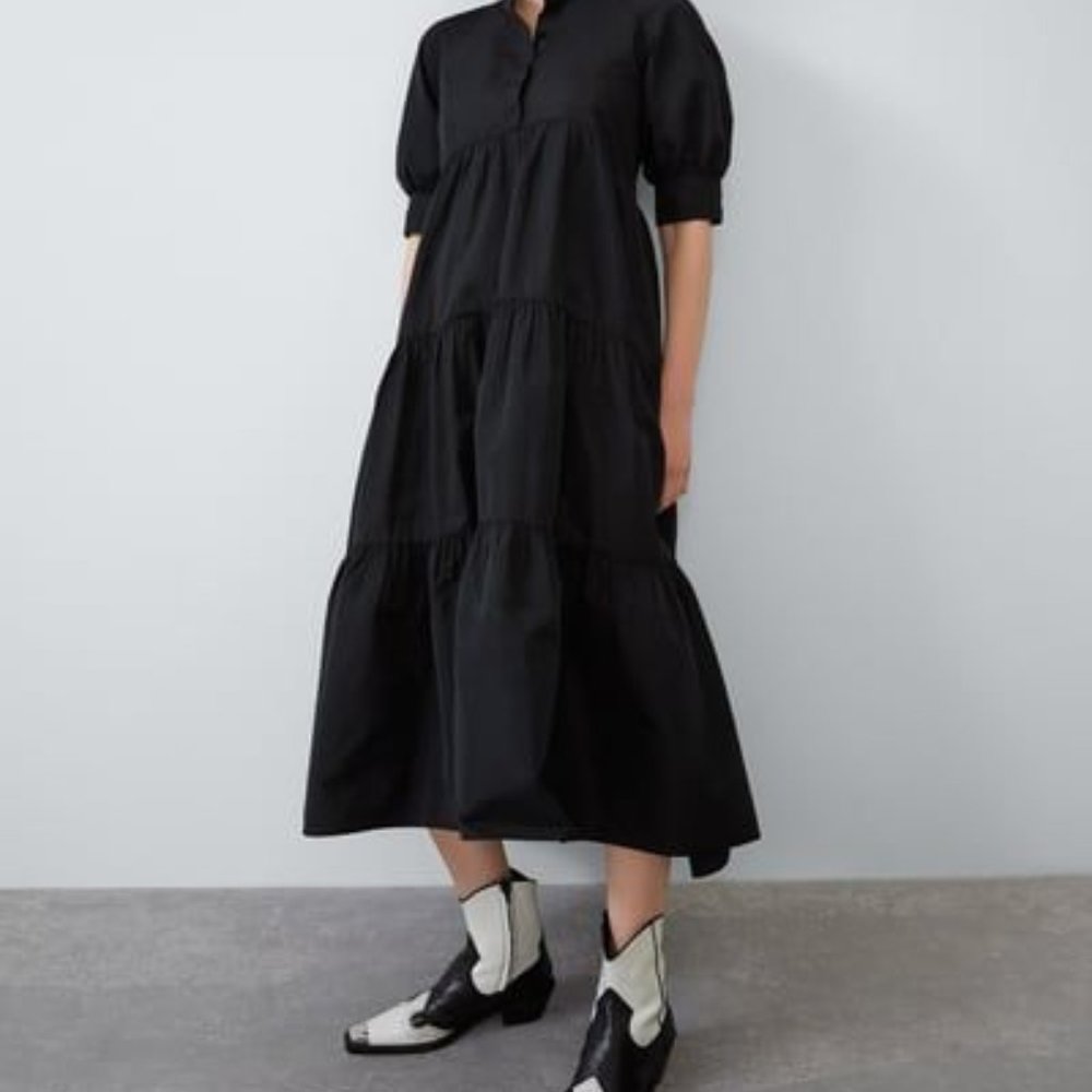 Zara Tiered Black Midi Dress Voluminous Sleeve Size XL